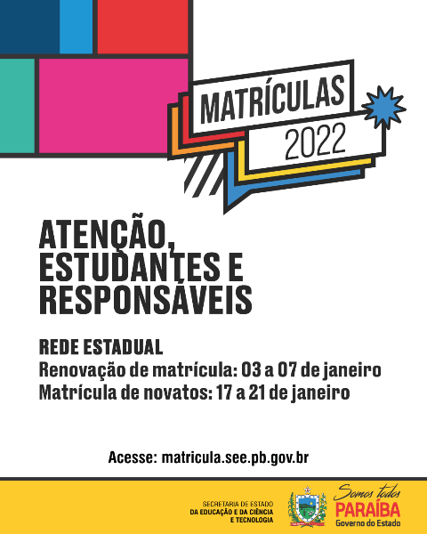 Paraíba divulga cronograma de matrículas da Rede Estadual de Ensino para 2022