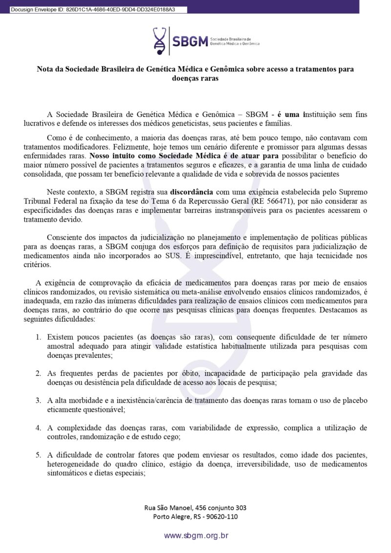 URGENTE SBGM solicita ao STF reversão da decisão sobre acesso a tratamentos para doenças raras